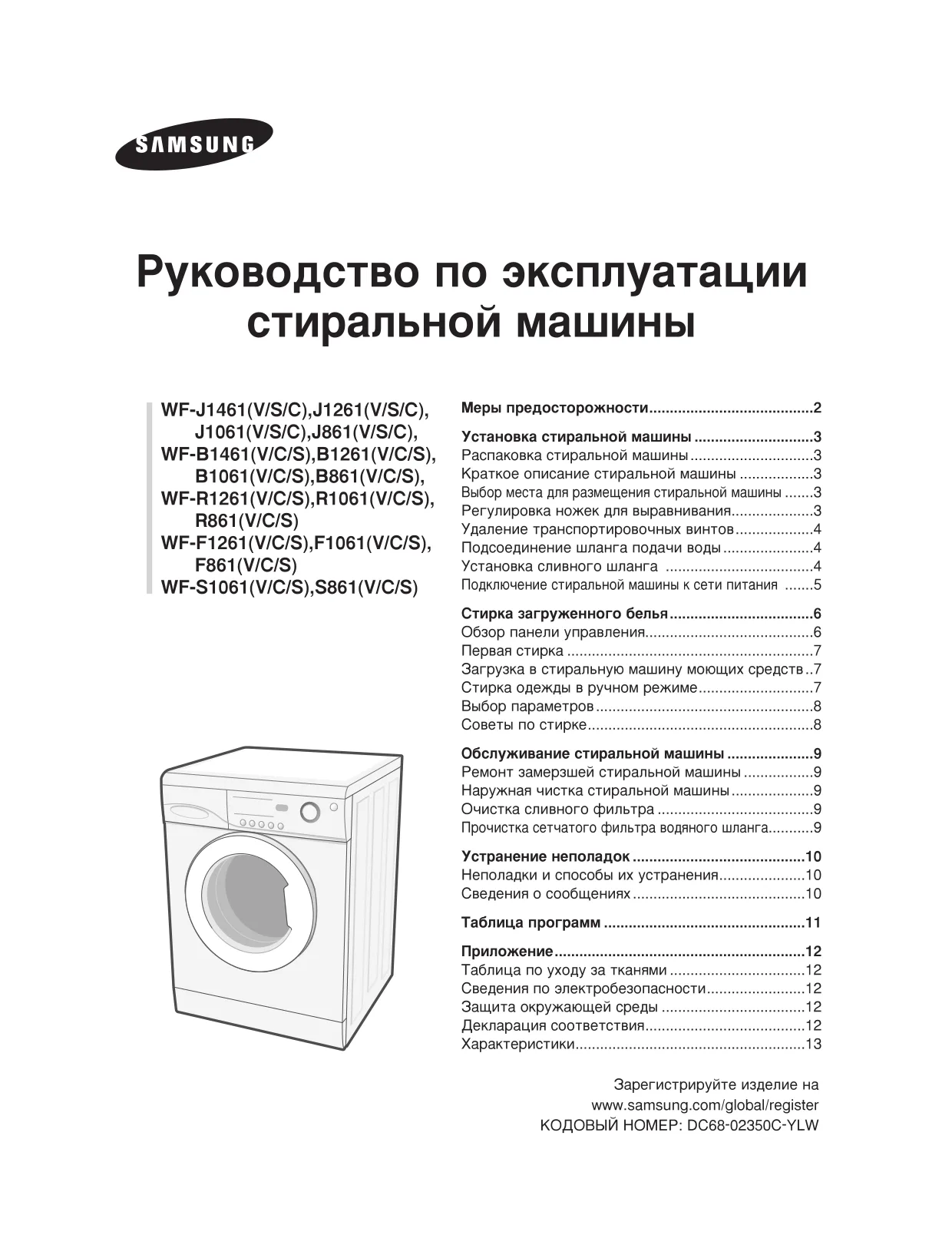 Первая страница инструкции Samsung WF-F1061/YLR